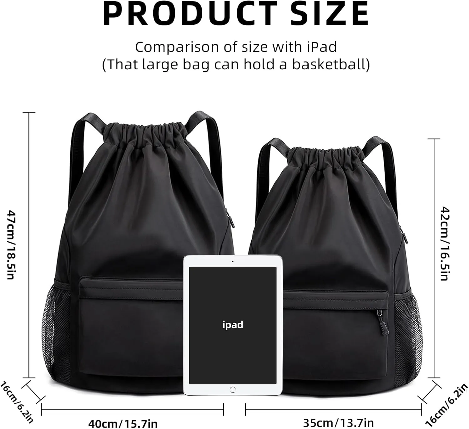 Sports Drawstring Backpack String Swimming Gym Bag Backpack with Shoes Compartment and Pocket for Men Women (Black-Small)