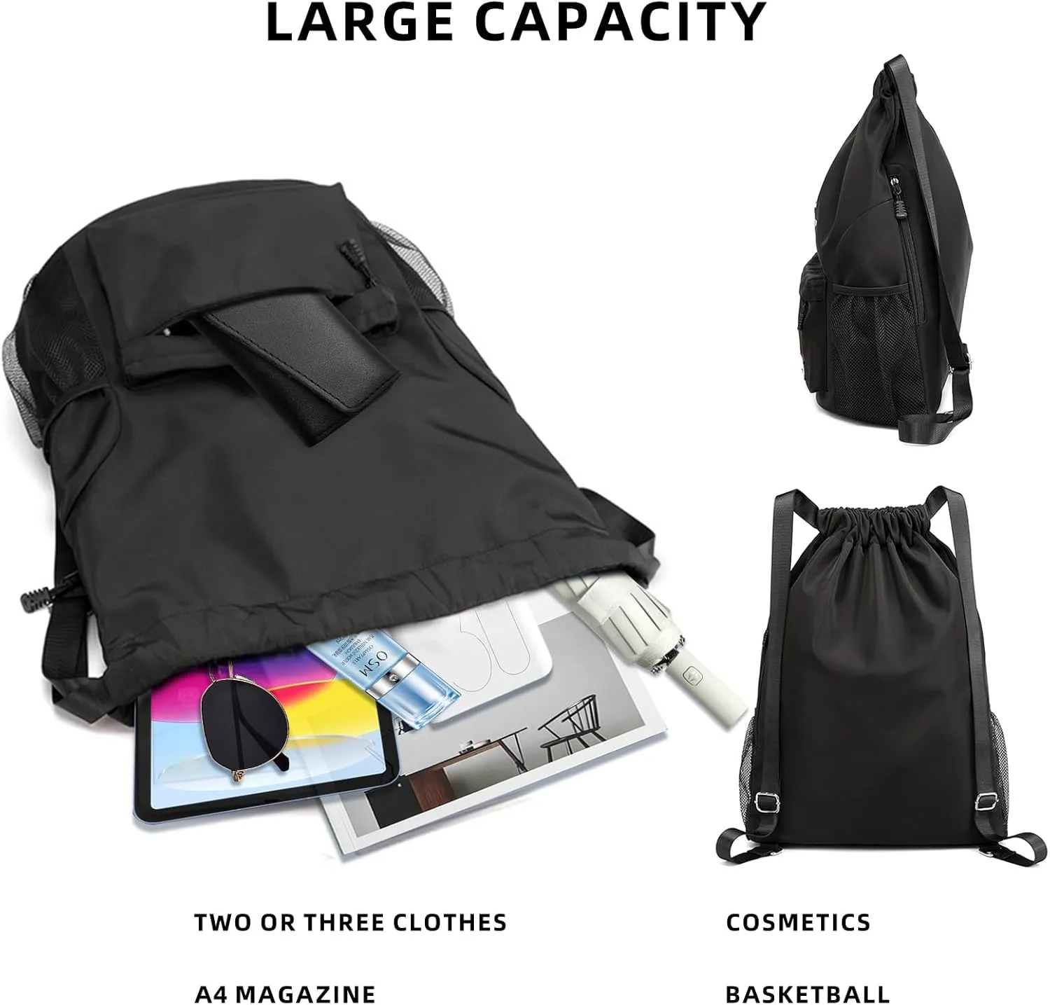Sports Drawstring Backpack String Swimming Gym Bag Backpack with Shoes Compartment and Pocket for Men Women (Black-Small)