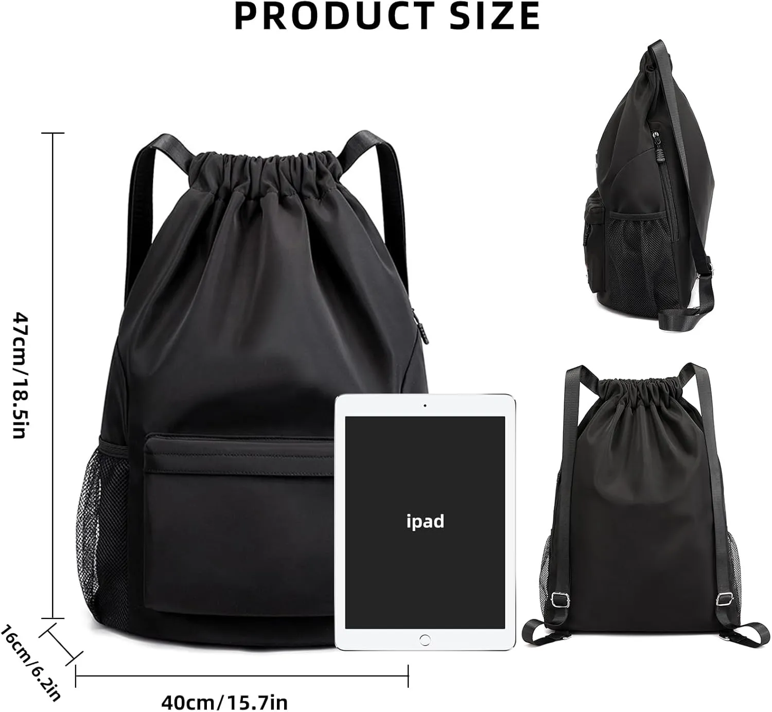 Sports Drawstring Backpack String Swimming Gym Bag Backpack with Shoes Compartment and Pocket for Men Women (black)