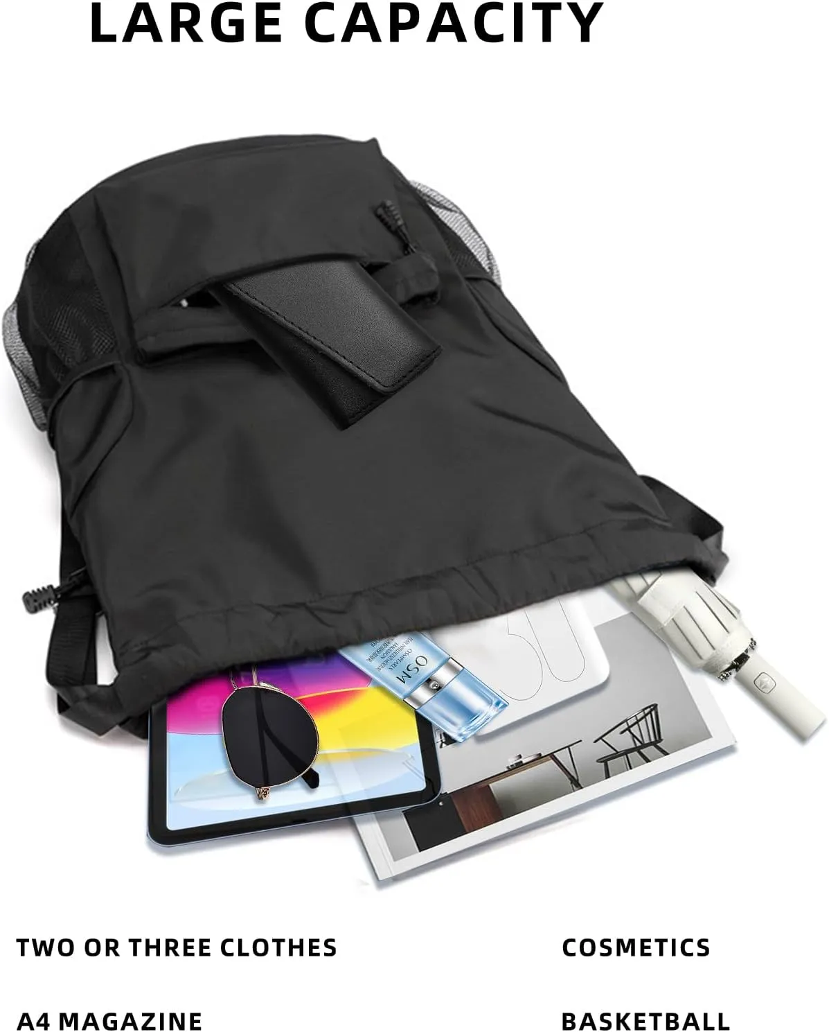 Sports Drawstring Backpack String Swimming Gym Bag Backpack with Shoes Compartment and Pocket for Men Women (black)