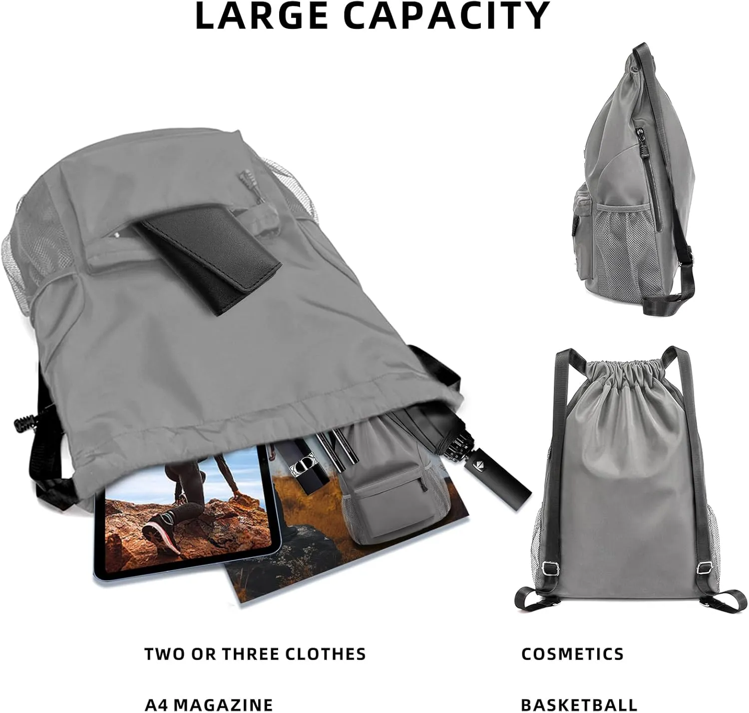 Sports Drawstring Backpack String Swimming Gym Bag Backpack with Shoes Compartment and Pocket for Men Women (Grey-Small)