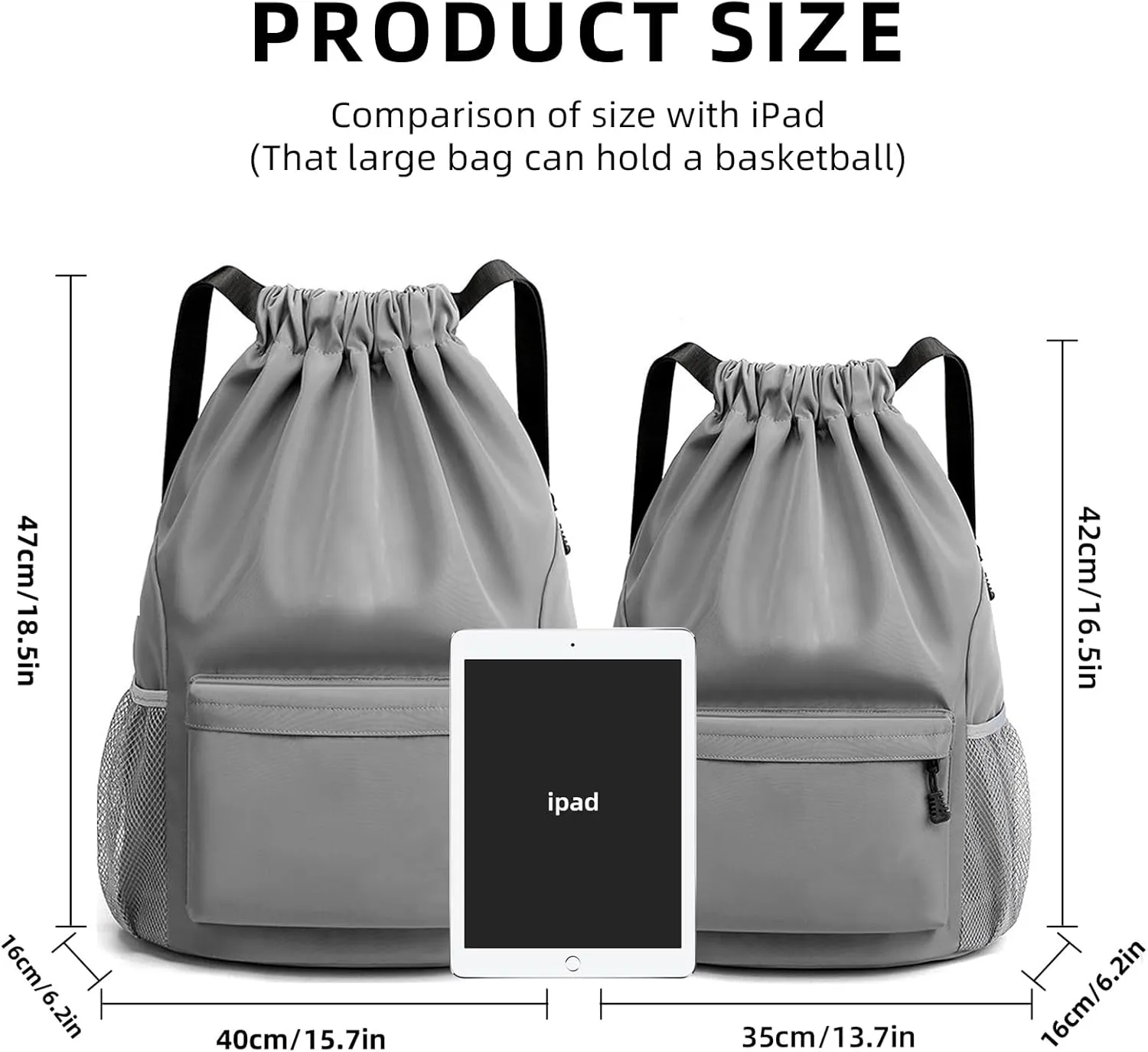 Sports Drawstring Backpack String Swimming Gym Bag Backpack with Shoes Compartment and Pocket for Men Women (Grey-Small)