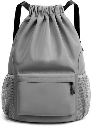 Sports Drawstring Backpack String Swimming Gym Bag Backpack with Shoes Compartment and Pocket for Men Women (Grey-Small)