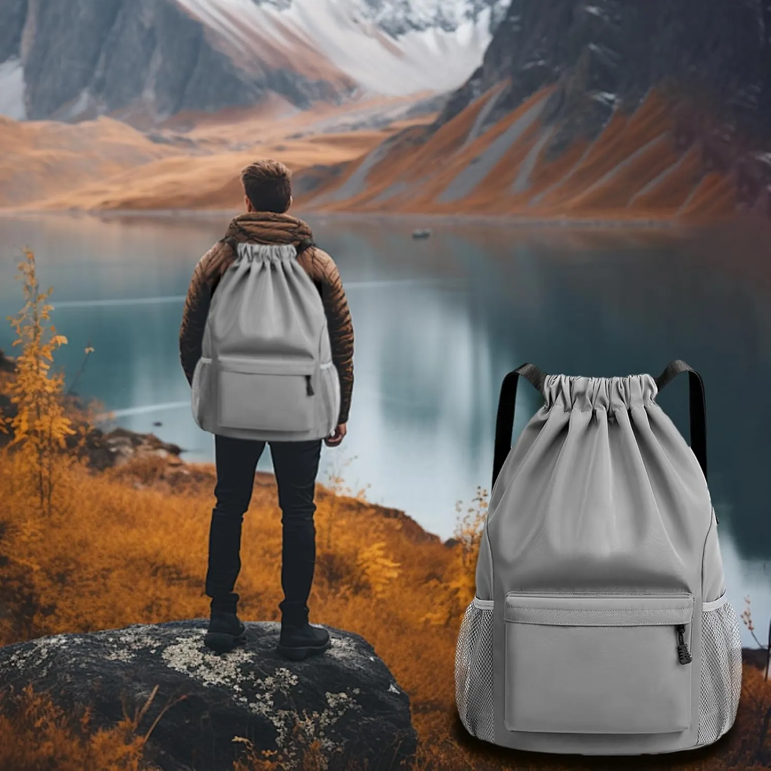 Sports Drawstring Backpack String Swimming Gym Bag Backpack with Shoes Compartment and Pocket for Men Women (Grey-Small)