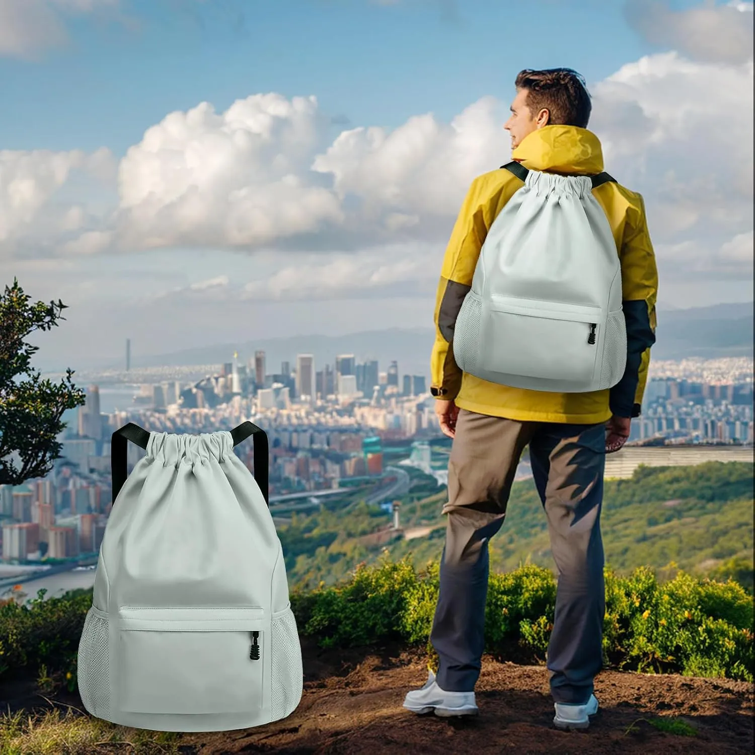 Sports Drawstring Backpack String Swimming Gym Bag Backpack with Shoes Compartment and Pocket for Men Women light green