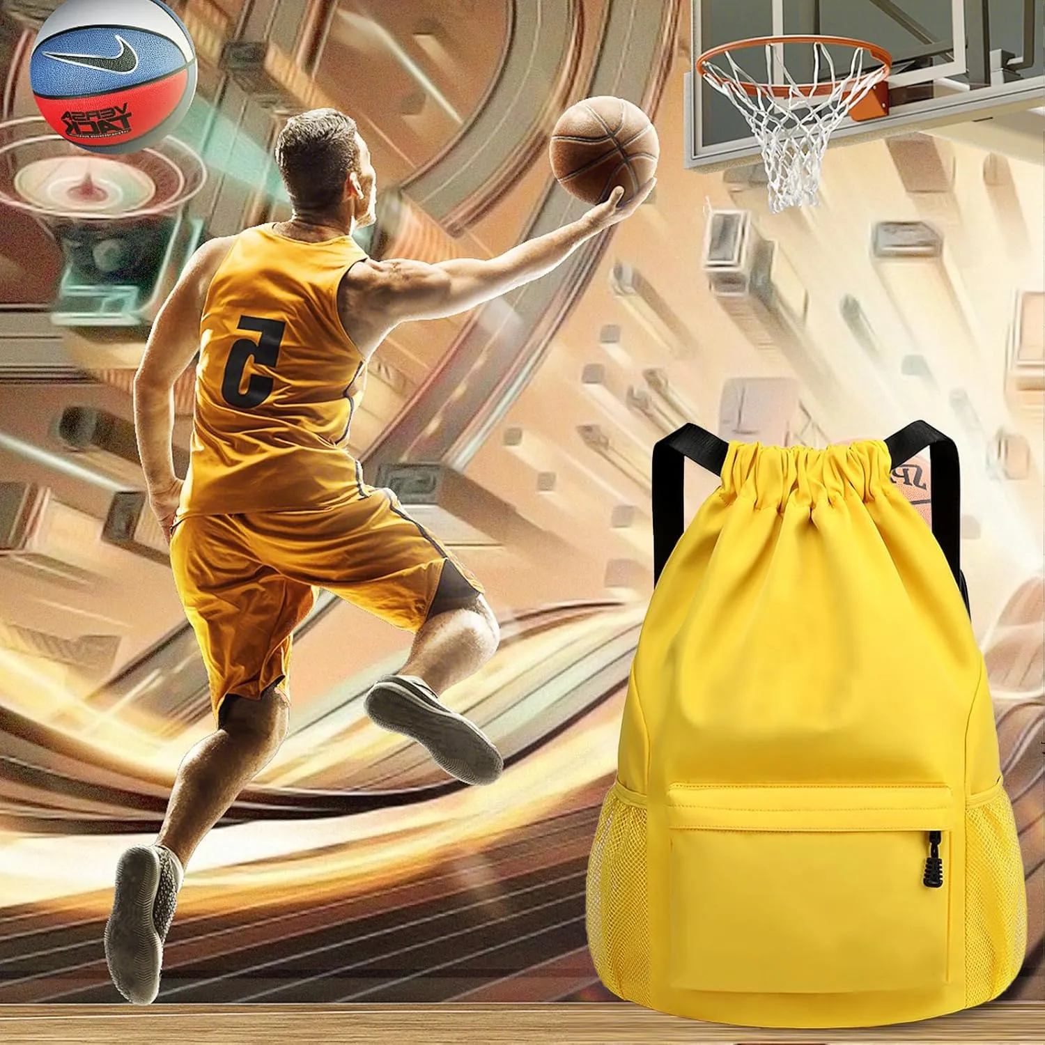 Sports Drawstring Backpack String Swimming Gym Bag Backpack with Shoes Compartment and Pocket for Men Women (yellow)