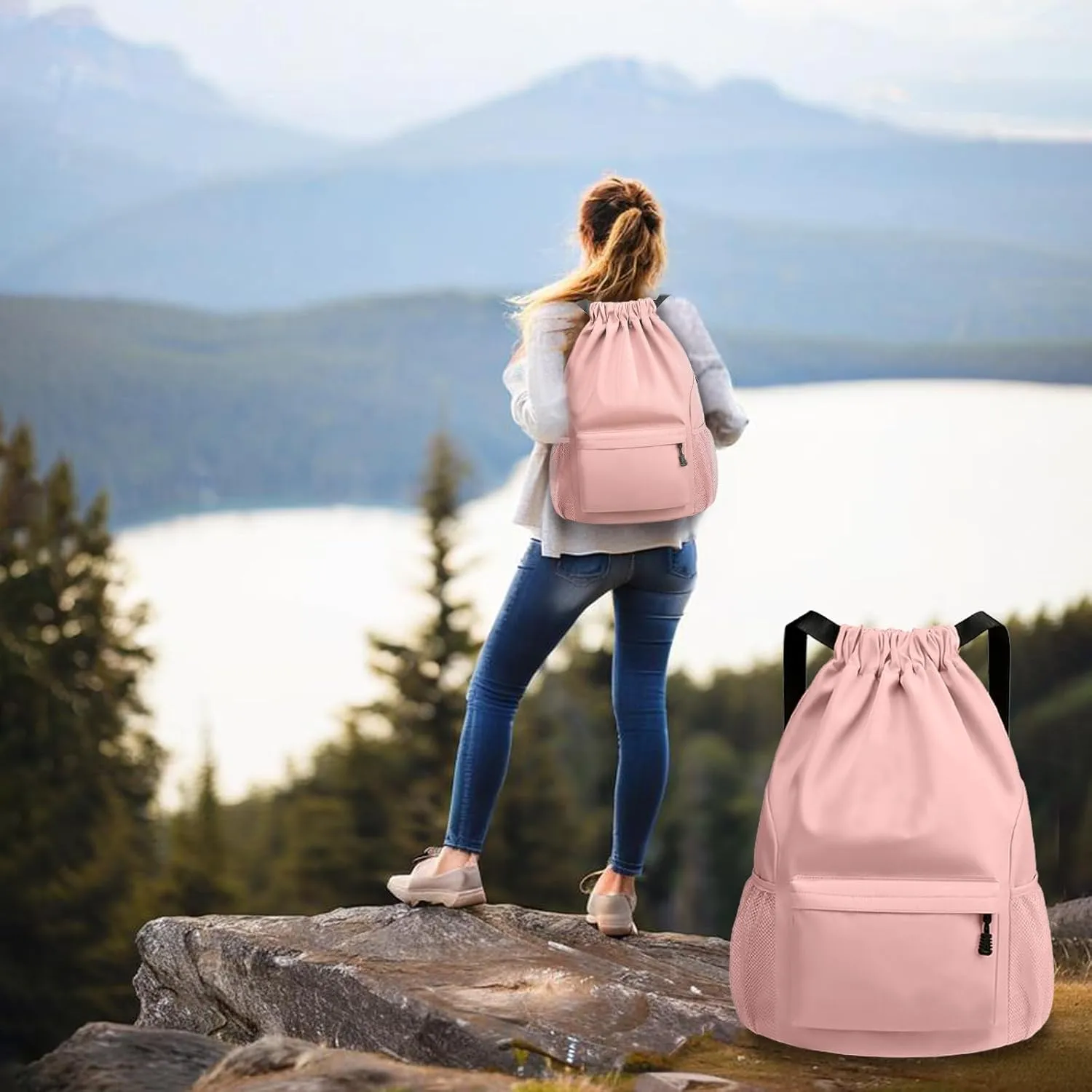 Sports Drawstring Backpack String Swimming Gym Bag Backpack with Shoes Compartment and Pocket for Men Womenpink