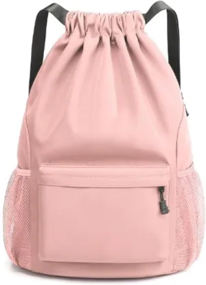 Sports Drawstring Backpack String Swimming Gym Bag Backpack with Shoes Compartment and Pocket for Men Womenpink