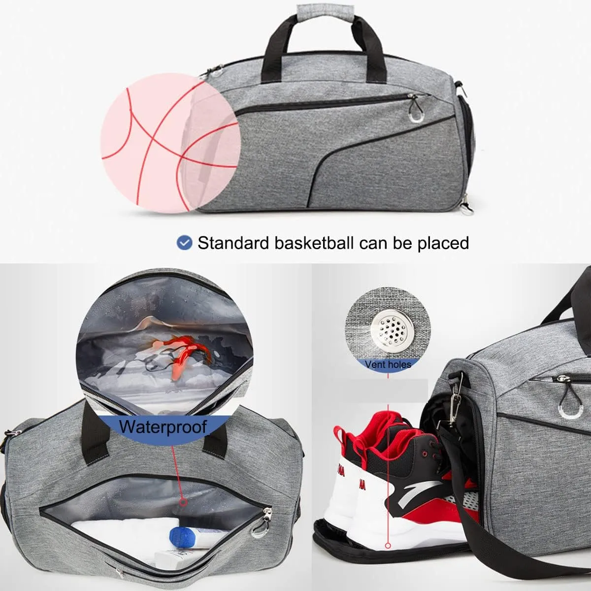 Sports Gym Bag with Wet Pocket & Shoes Compartment,Travel Duffel Bag for Men and Women Lightweight(Grey)