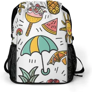 Summer Palm Trees Pineapple Watermelon Drawstring Backpack String Bag Sports Gym Sackpack with Side Pocket Shoes Compartment