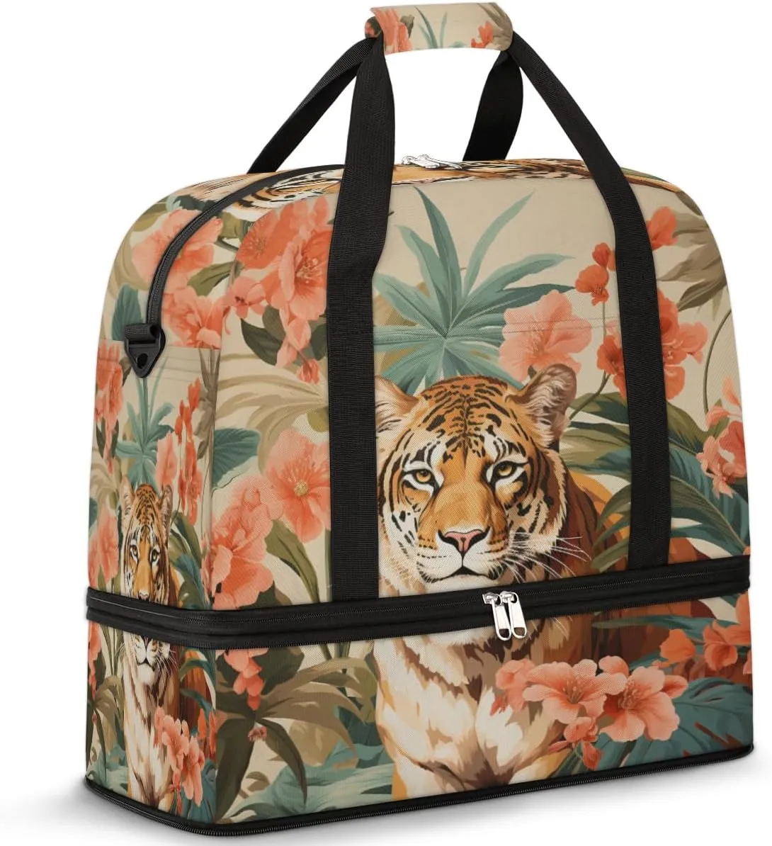 Tiger Print Foldable Travel Duffel Bag Overnight Weekender Bag with Shoes Compartment Sports Gym Bag for Men Women
