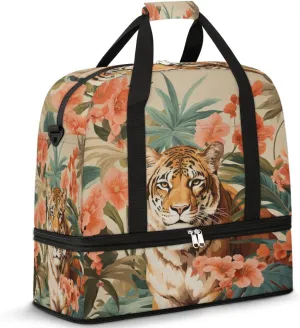 Tiger Print Foldable Travel Duffel Bag Overnight Weekender Bag with Shoes Compartment Sports Gym Bag for Men Women