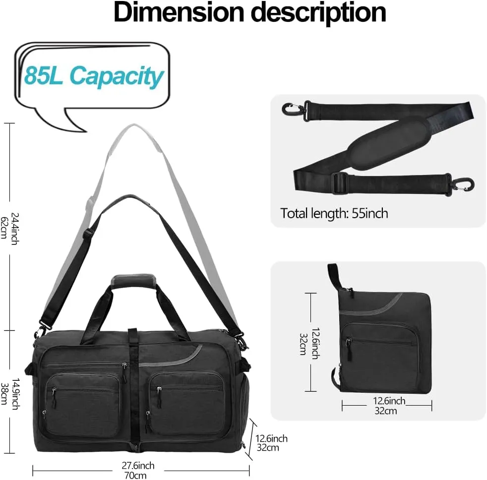 Travel Duffel Bag, 65L Foldable Travel Duffle Bag with Shoes Compartment and wet pocket, Waterproof & Tear Resistant