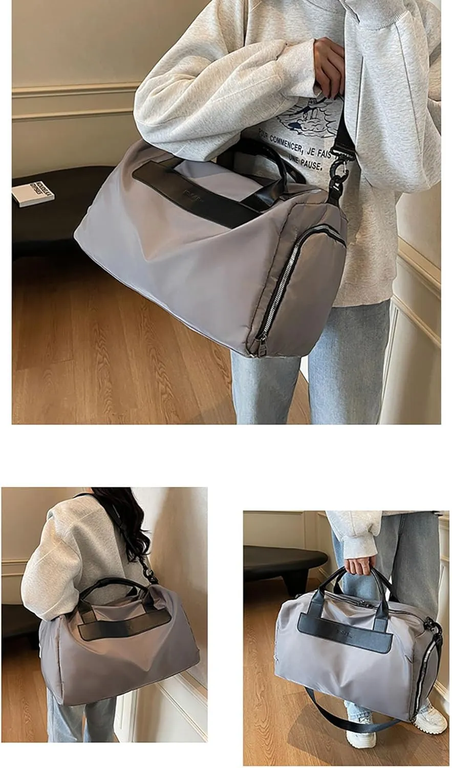Travel Duffel Bags with Shoes Compartment Dry and wet separation Overnight Bag Carry-On sport bag (Gray)