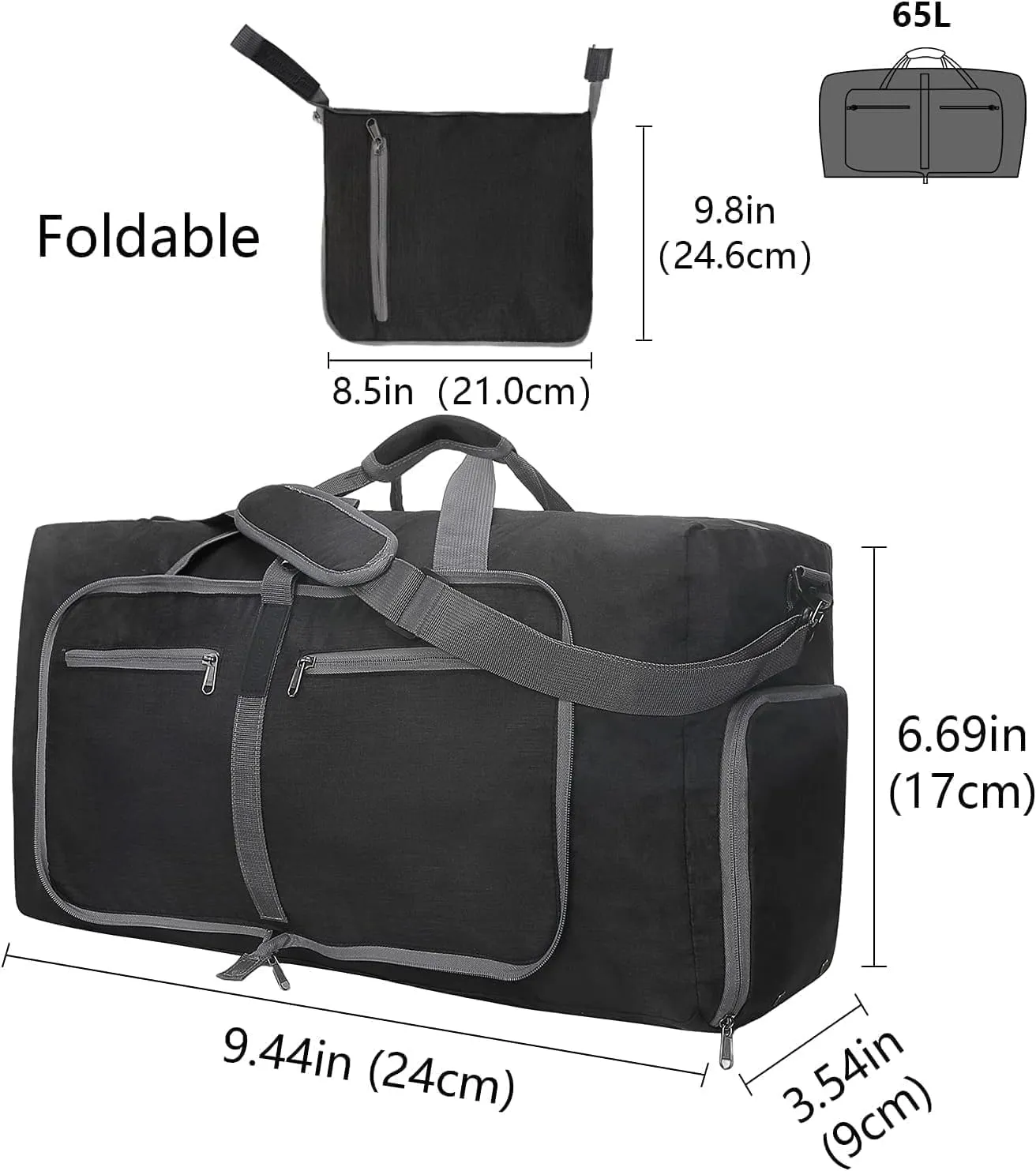 travel Duffle Bag, 65L Foldable Travel Duffel Bag with Shoes Compartment Overnight Bag (BLACK COLOR)