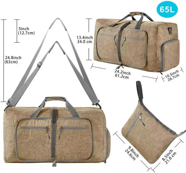 travel Duffle Bag, 65L Foldable Travel Duffel Bag with Shoes Compartment Overnight Bag (BROWN COLOR)
