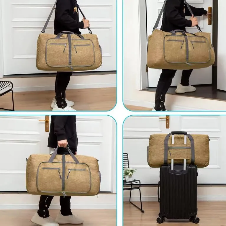 travel Duffle Bag, 65L Foldable Travel Duffel Bag with Shoes Compartment Overnight Bag (BROWN COLOR)