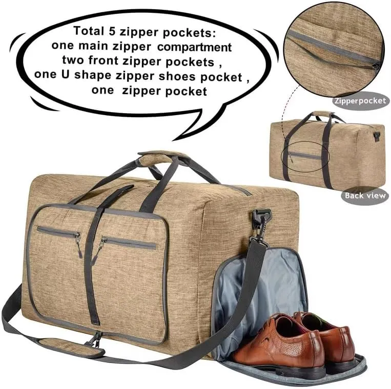 travel Duffle Bag, 65L Foldable Travel Duffel Bag with Shoes Compartment Overnight Bag (BROWN COLOR)