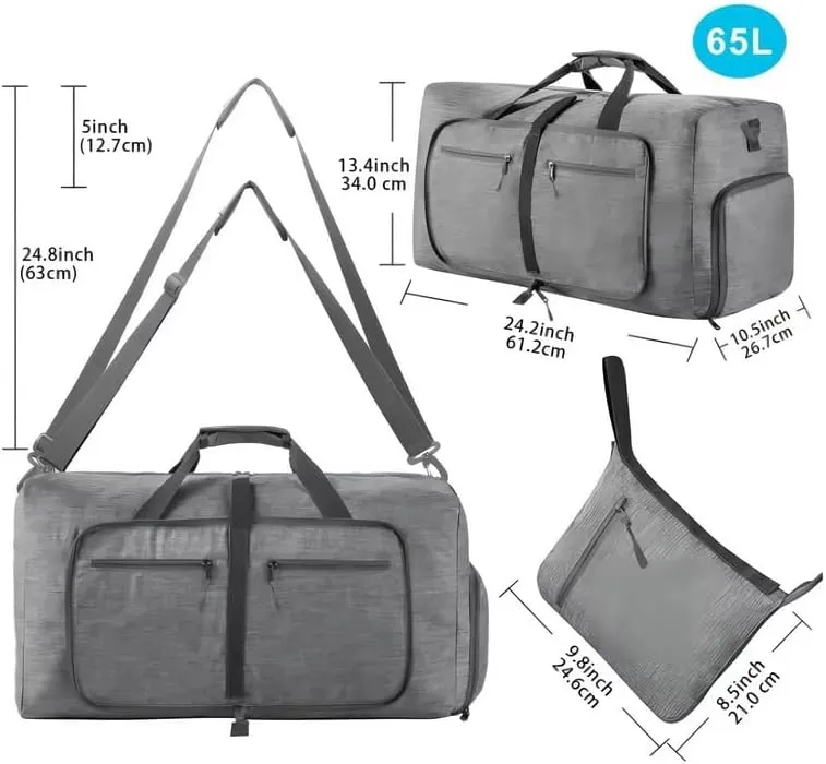 travel Duffle Bag, 65L Foldable Travel Duffel Bag with Shoes Compartment Overnight Bag (GRAY COLOR)