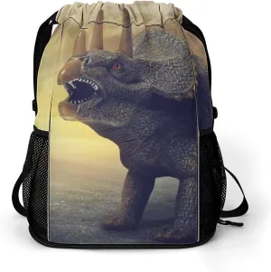 Triceratops Dinosaur Drawstring Backpack String Bag Sports Gym Sackpack with Side Pocket Shoes Compartment