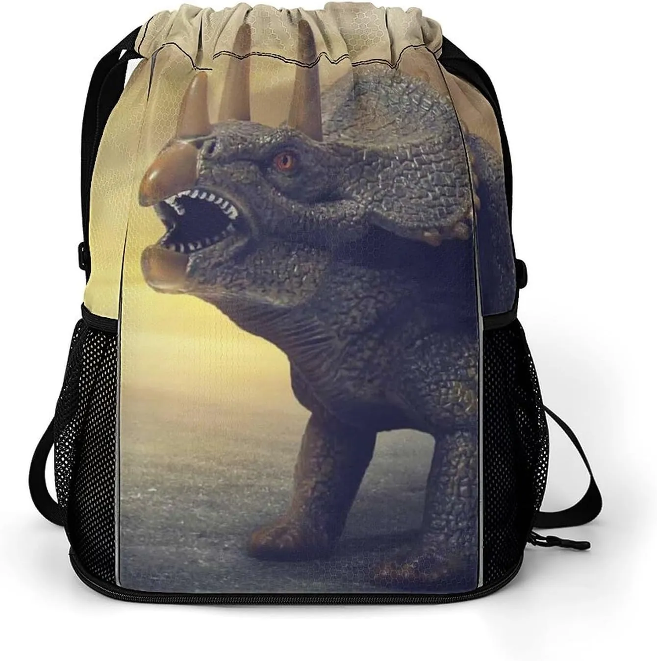 Triceratops Dinosaur Drawstring Backpack String Bag Sports Gym Sackpack with Side Pocket Shoes Compartment