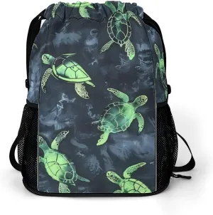 Turtles Tie Dye Pattern Drawstring Backpack String Bag Sports Gym Sackpack with Side Pocket Shoes Compartment