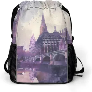 Uk Big Ben London Bridge Watercolor Drawstring Backpack String Bag Sports Gym Sackpack with Side Pocket Shoes Compartment