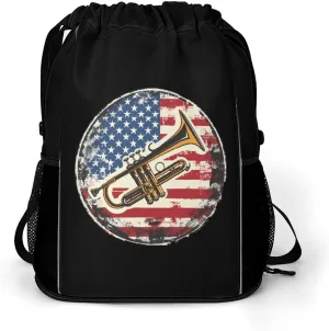 U.S.A. Flag Trumpet Jazz Music Drawstring Backpack String Bag Sports Gym Sackpack with Side Pocket Shoes Compartment