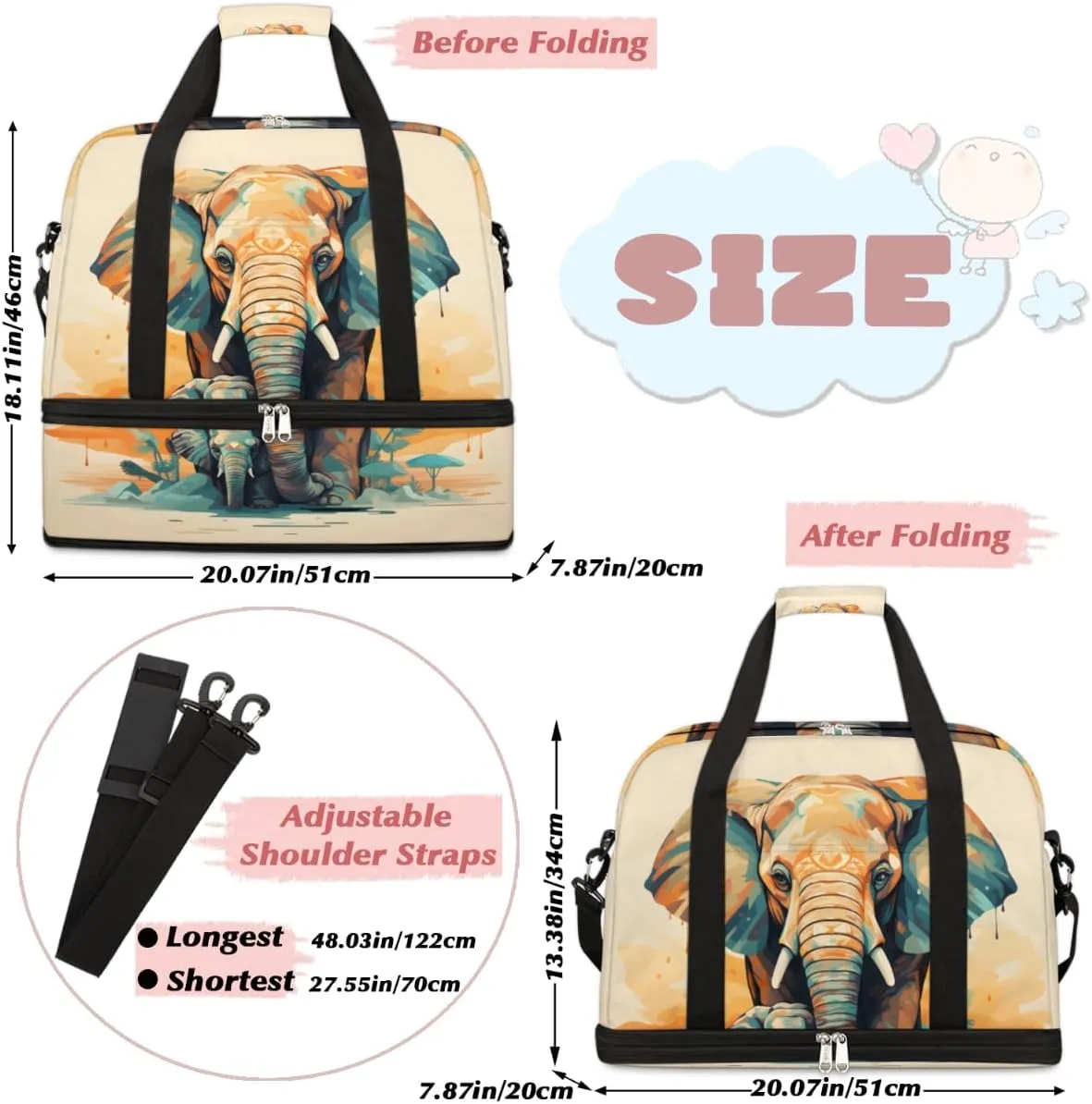 Vintage Elephant Foldable Travel Duffel Bag Overnight Weekender Bag with Shoes Compartment Sports Gym Bag for Men Women