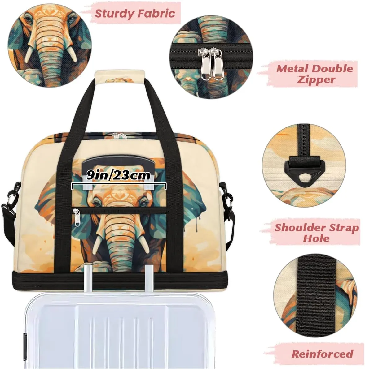 Vintage Elephant Foldable Travel Duffel Bag Overnight Weekender Bag with Shoes Compartment Sports Gym Bag for Men Women