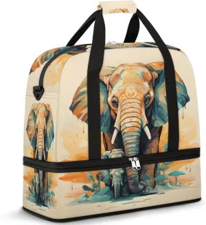 Vintage Elephant Foldable Travel Duffel Bag Overnight Weekender Bag with Shoes Compartment Sports Gym Bag for Men Women