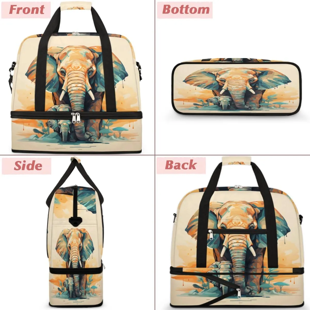 Vintage Elephant Foldable Travel Duffel Bag Overnight Weekender Bag with Shoes Compartment Sports Gym Bag for Men Women