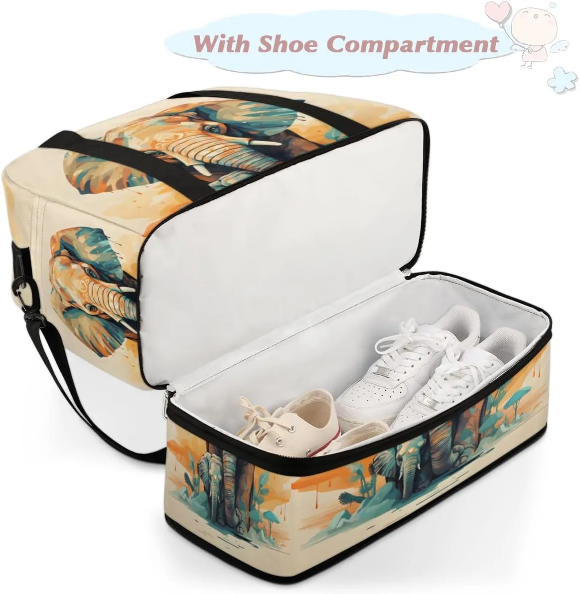 Vintage Elephant Foldable Travel Duffel Bag Overnight Weekender Bag with Shoes Compartment Sports Gym Bag for Men Women