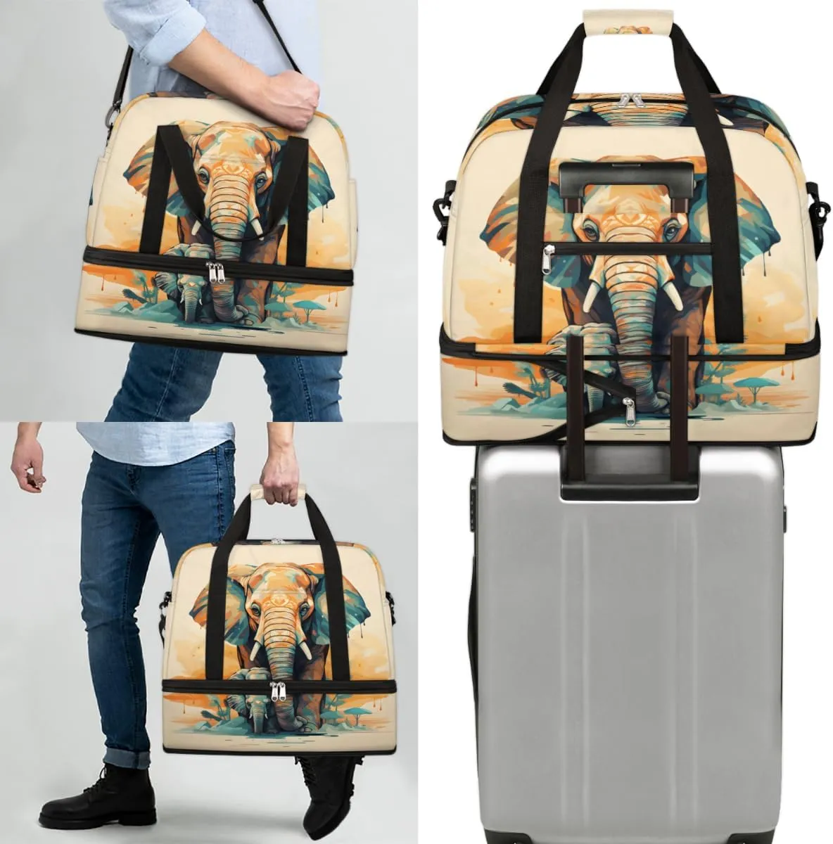 Vintage Elephant Foldable Travel Duffel Bag Overnight Weekender Bag with Shoes Compartment Sports Gym Bag for Men Women