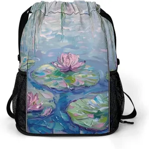 Water Lilies Lotues Weeping Willow Drawstring Backpack String Bag Sports Gym Sackpack with Side Pocket Shoes Compartment