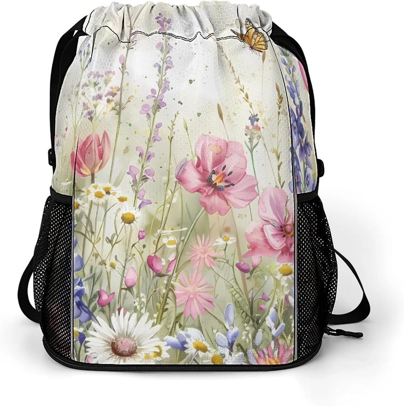Watercolor Wildflowers Butterflies Drawstring Backpack String Bag Sports Gym Sackpack with Side Pocket Shoes Compartment