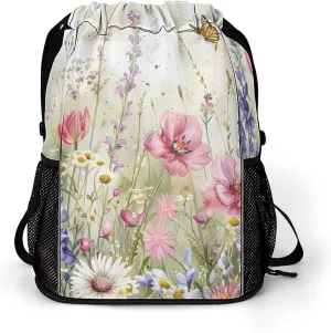 Watercolor Wildflowers Butterflies Drawstring Backpack String Bag Sports Gym Sackpack with Side Pocket Shoes Compartment