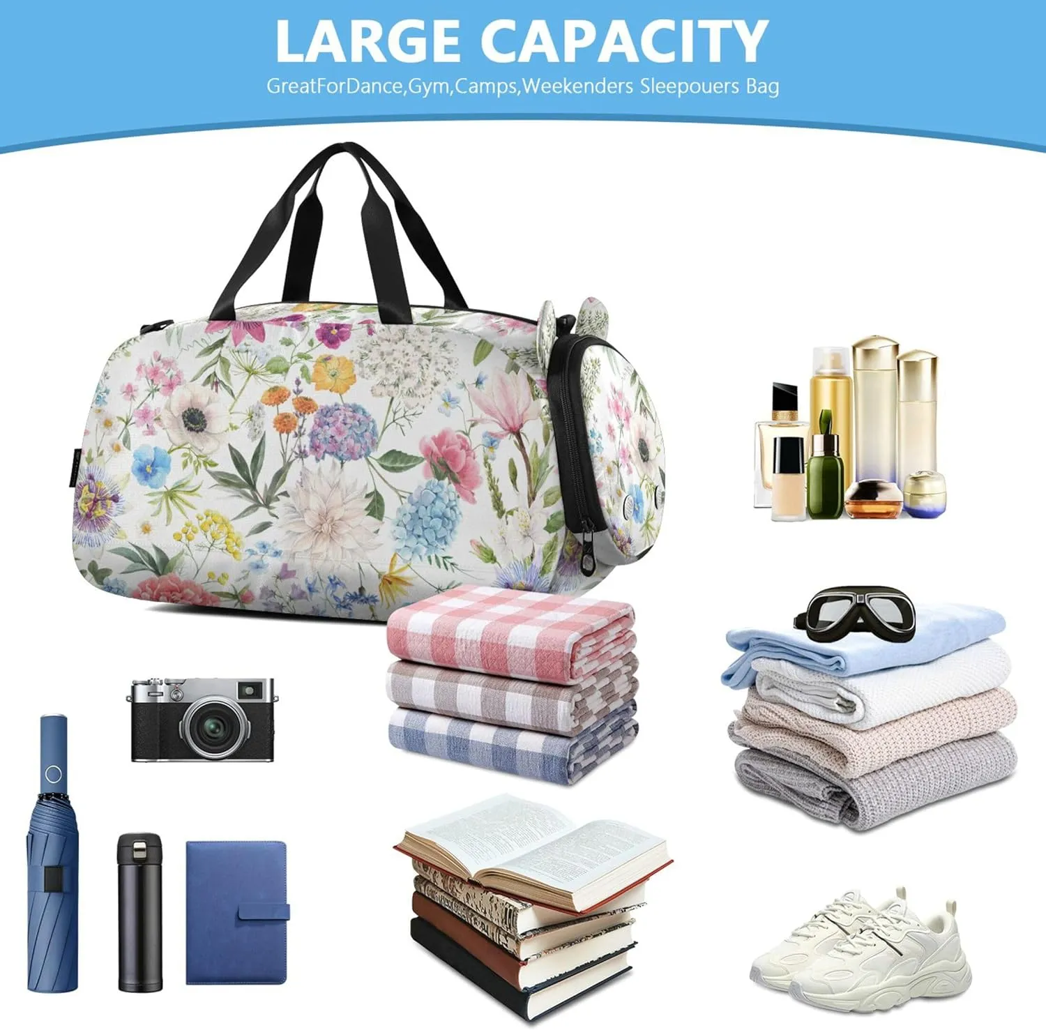 Watercolorful Flowers Duffel Bag with Shoes Compartment Multifunctional Overnight Travel Weekender Tote for Boys and Girls