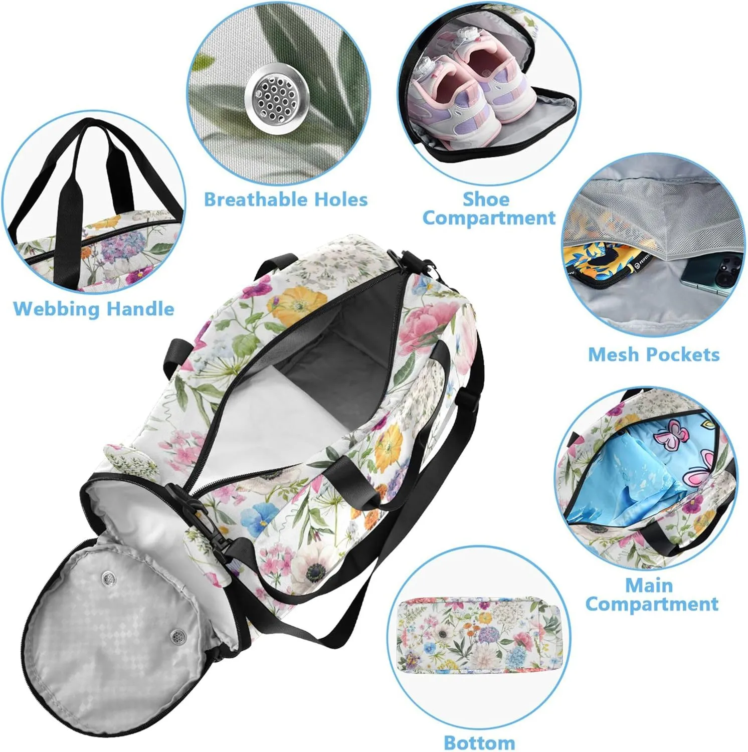 Watercolorful Flowers Duffel Bag with Shoes Compartment Multifunctional Overnight Travel Weekender Tote for Boys and Girls
