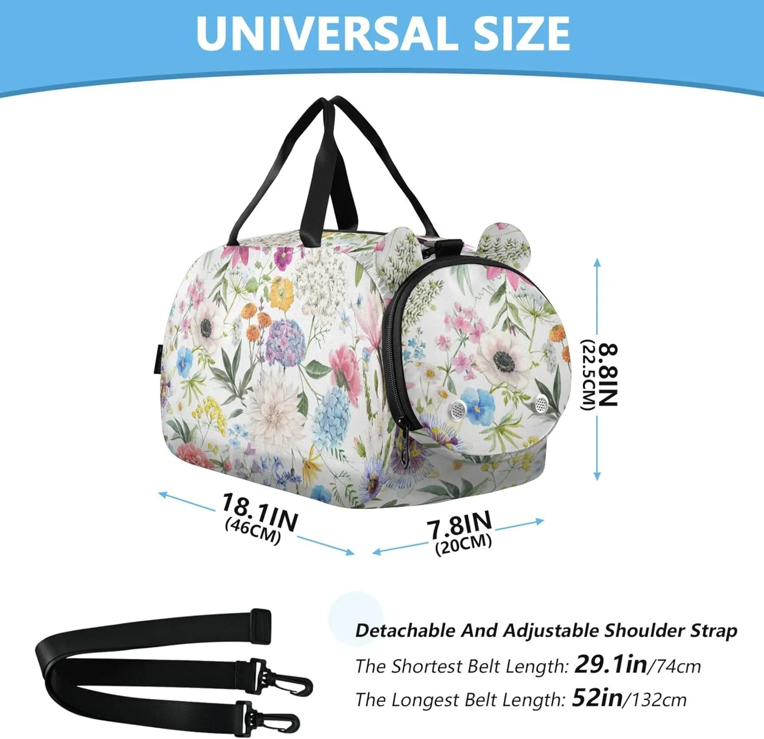 Watercolorful Flowers Duffel Bag with Shoes Compartment Multifunctional Overnight Travel Weekender Tote for Boys and Girls