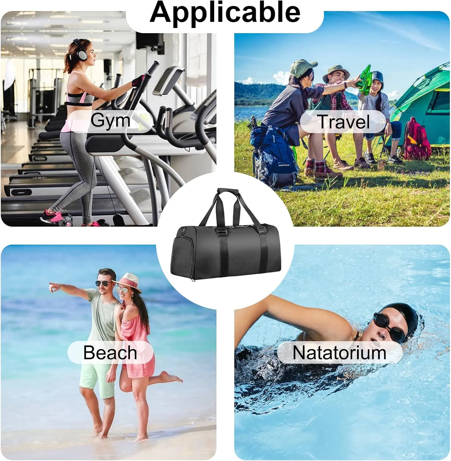 Waterproof Gym Bag for Women and Men with Shoes Compartment, Lightweight Duffel Bag (Black)