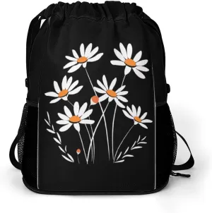 White Daisy Flower Drawstring Backpack String Bag Sports Gym Sackpack with Side Pocket Shoes Compartment
