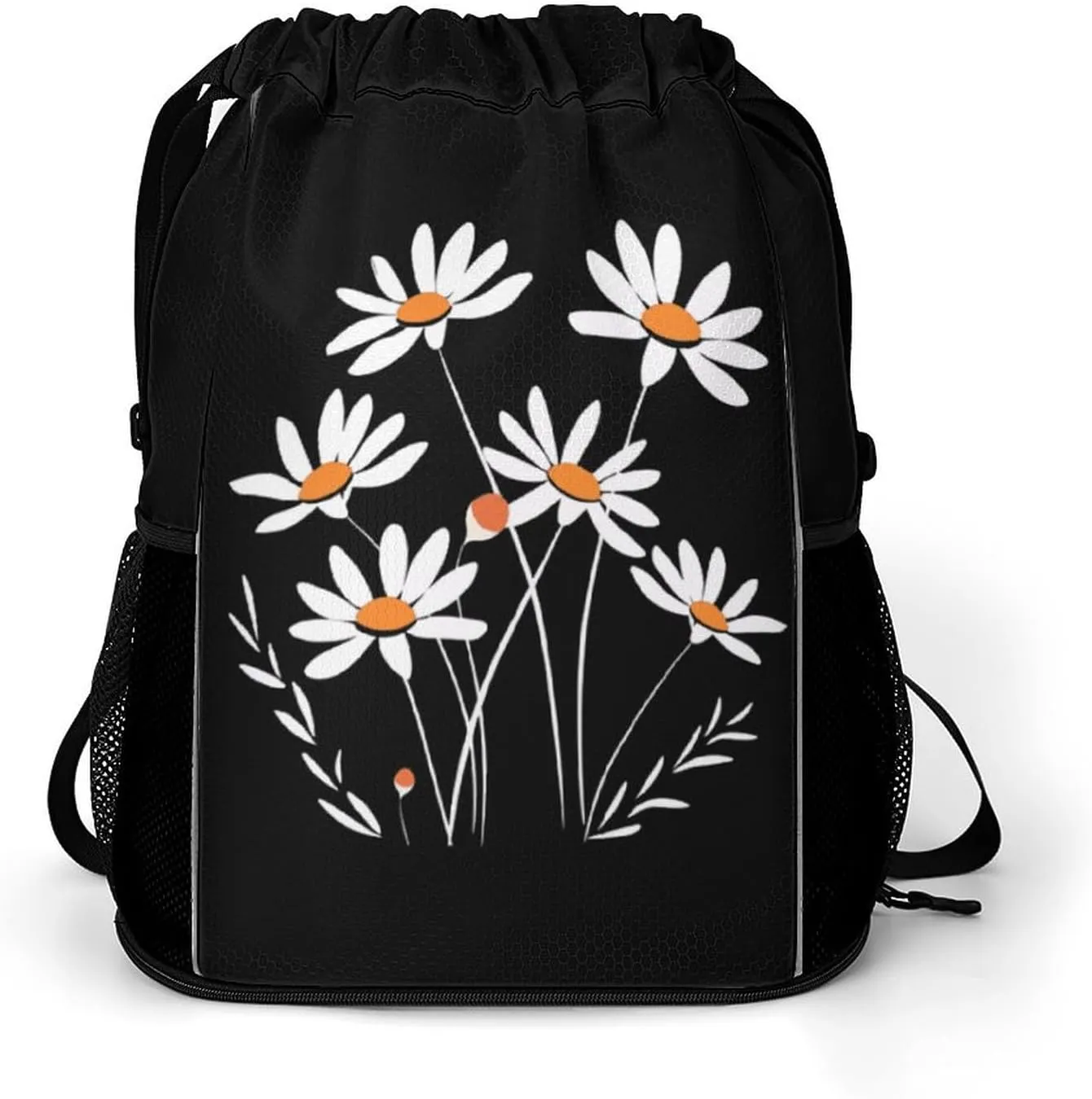 White Daisy Flower Drawstring Backpack String Bag Sports Gym Sackpack with Side Pocket Shoes Compartment