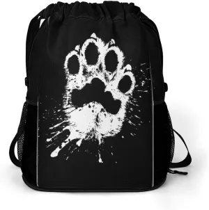 White Paw Print Handprint Splash Drawstring Backpack String Bag Sports Gym Sackpack with Side Pocket Shoes Compartment