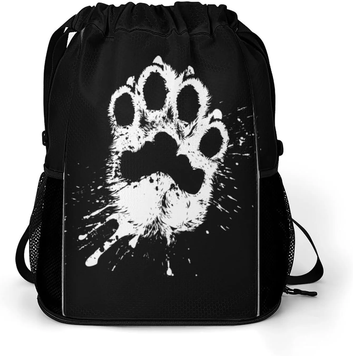White Paw Print Handprint Splash Drawstring Backpack String Bag Sports Gym Sackpack with Side Pocket Shoes Compartment