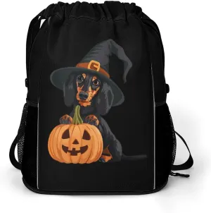 Witch Dachshund Dog Halloween Pumpkin Drawstring Backpack String Bag Sports Gym Sackpack with Side Pocket Shoes Compartment