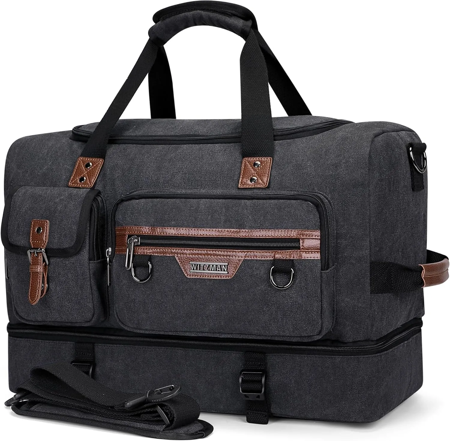 WITZMAN Canvas Weekender Bag Mens Overnight Bag for Traveling Carry on Duffle Bags with Shoes CompartmentA8010 Black