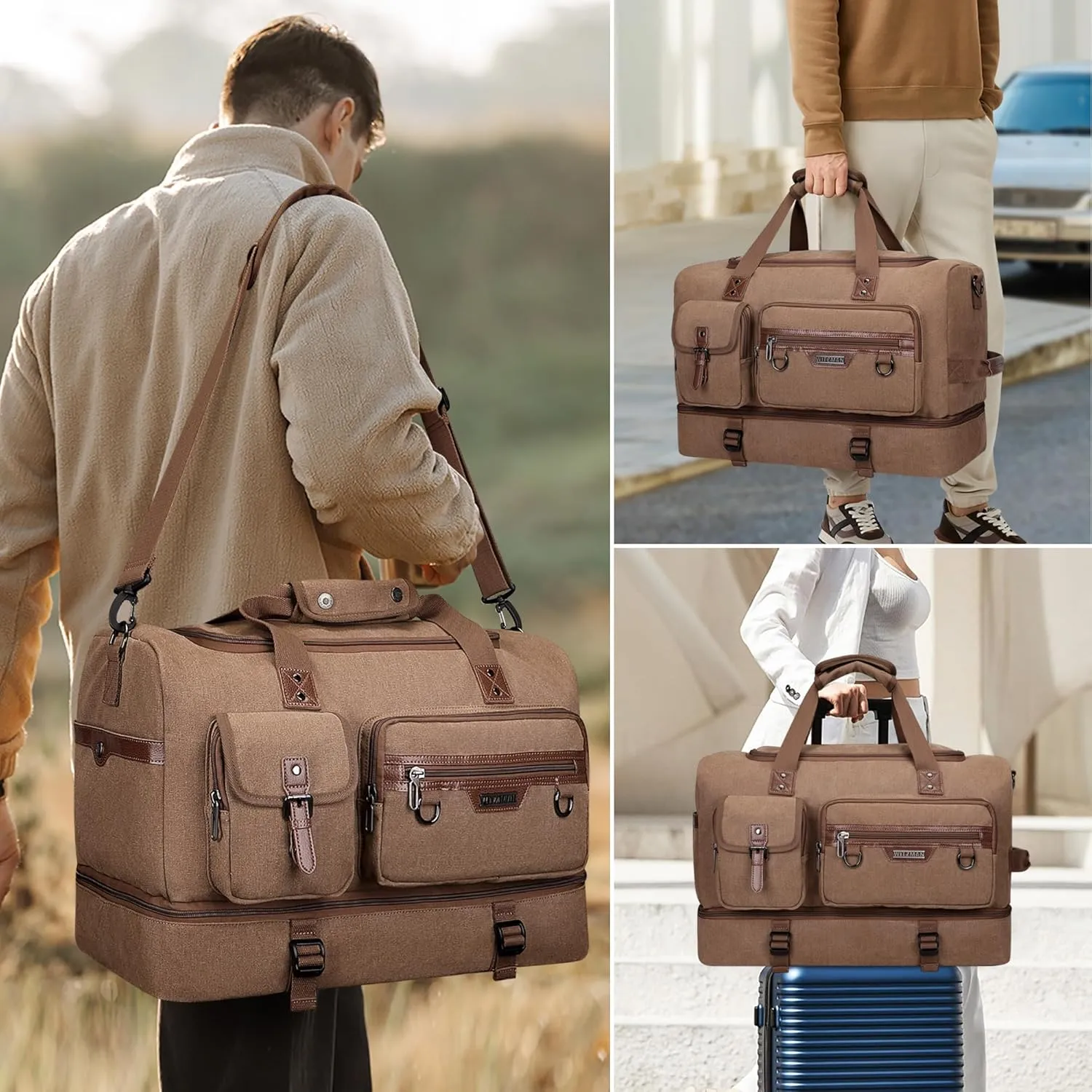 WITZMAN Canvas Weekender Bag Mens Overnight Bag for Traveling Carry on Duffle Bags with Shoes CompartmentA8010 Brown