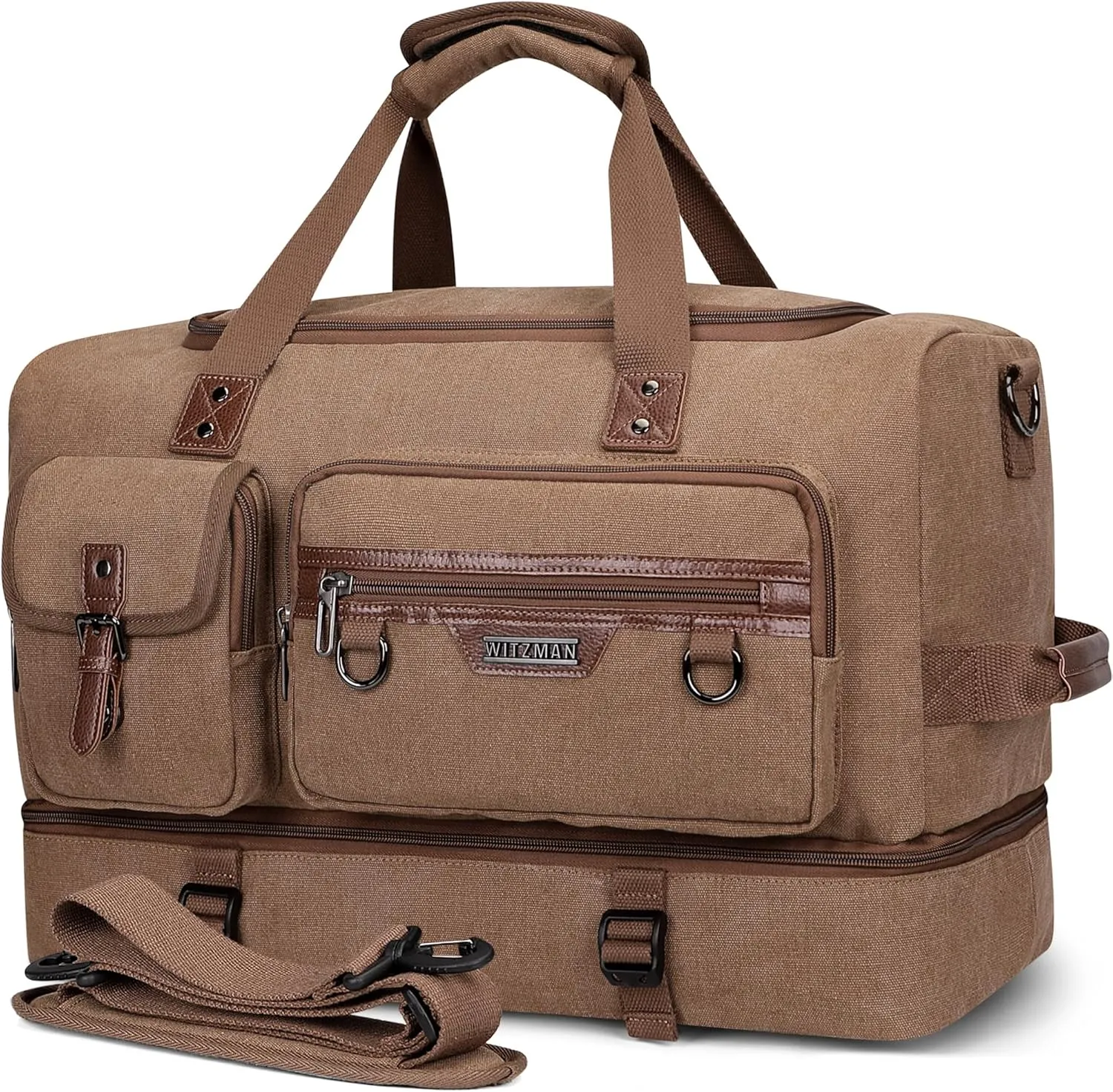 WITZMAN Canvas Weekender Bag Mens Overnight Bag for Traveling Carry on Duffle Bags with Shoes CompartmentA8010 Brown