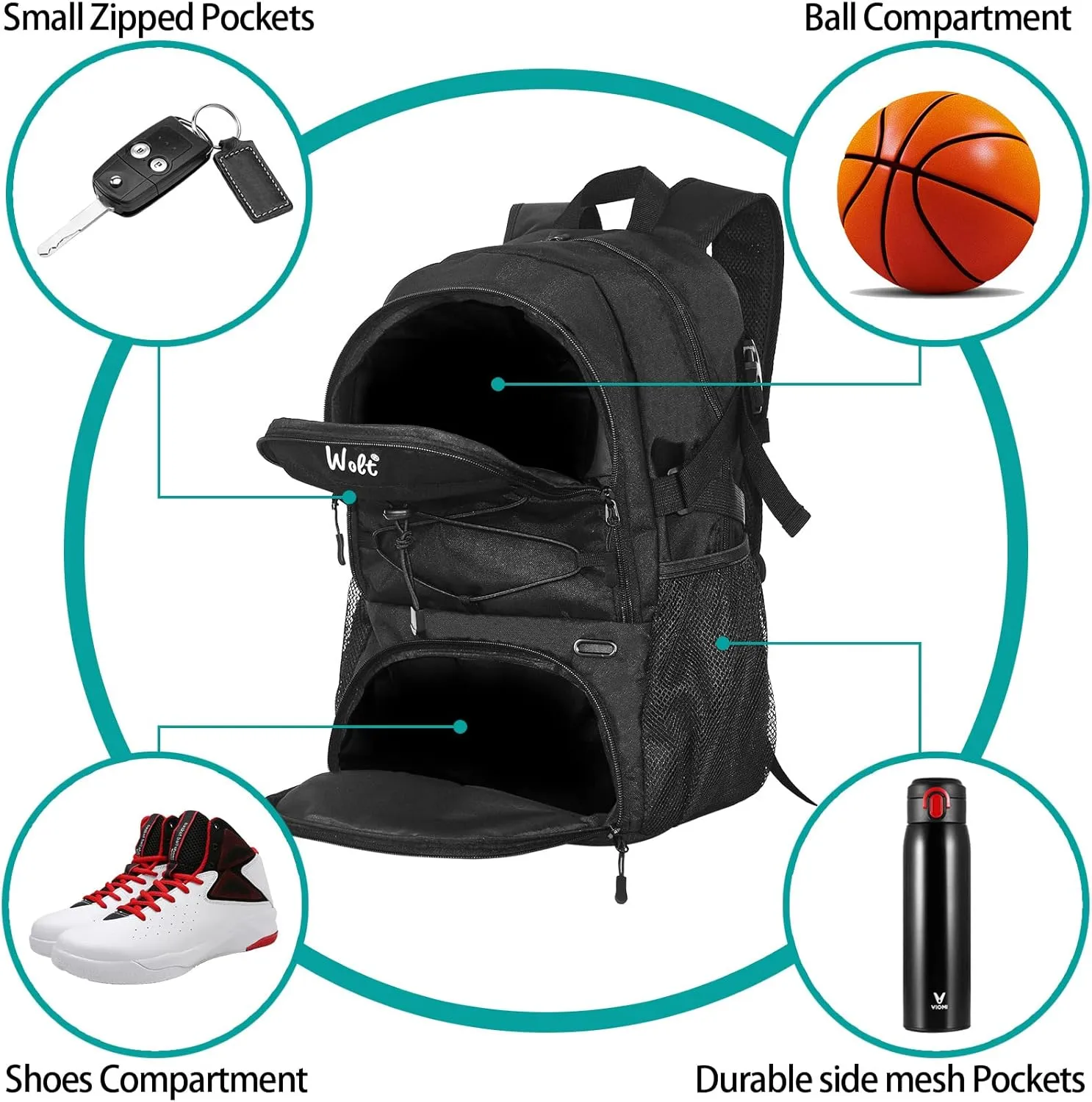 WOLT Basketball Backpack Large Sports Bag with Separate Ball Holder & Shoes Compartment, Best for Basketball, Soccer,Gym